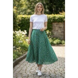 Max Studio Green Floral Pleated Midi Skirt Women’s XS Elastic Waist Green White